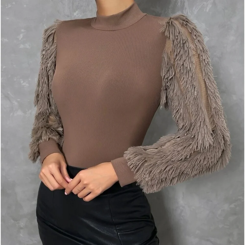Cozy Faux Fur Fuzzy Long Puff Cuff Sleeve Mock Neck Top Blouse Shirt Black - Picture 9 of 16